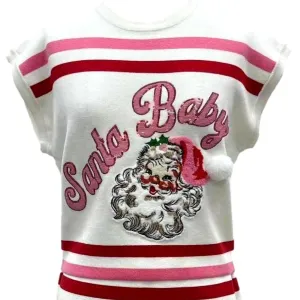 'santa Baby' Fuzzy Santa Top In Red, Pink & White Stripe