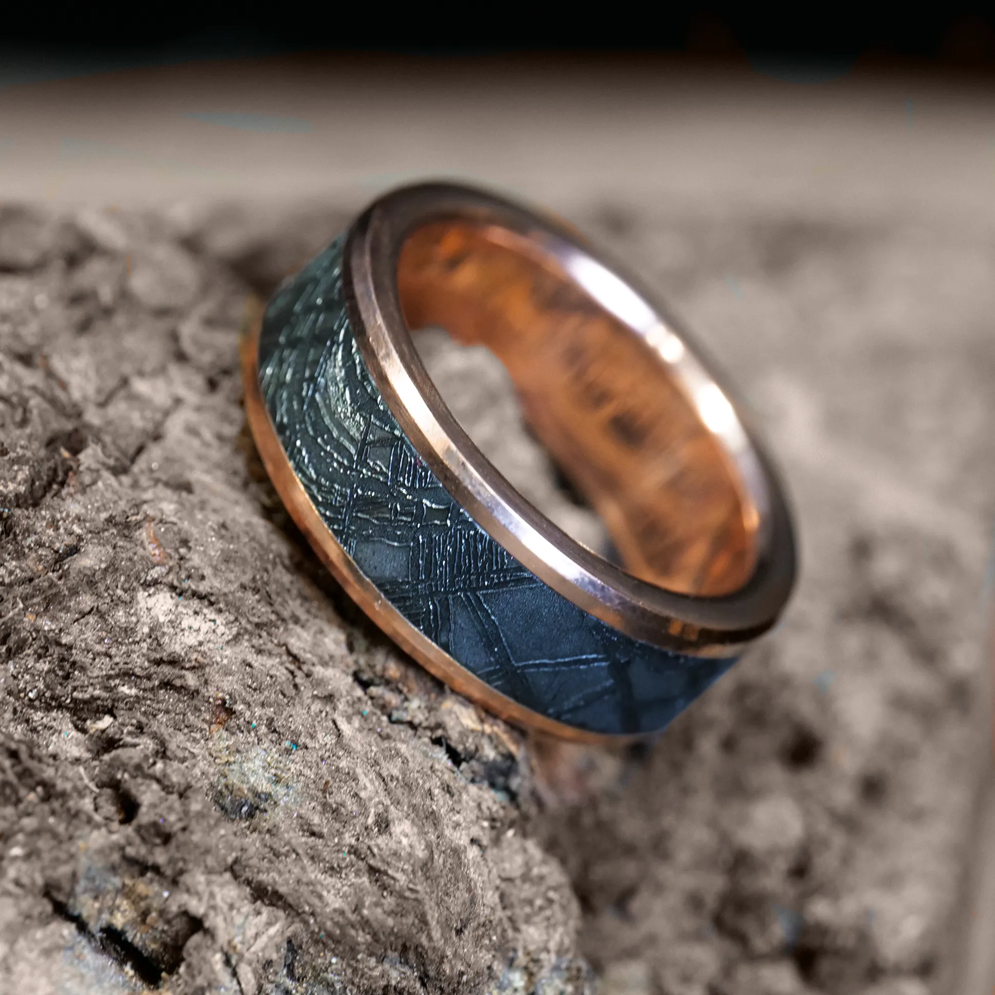Solid Gold Ring with Meteorite Inlay