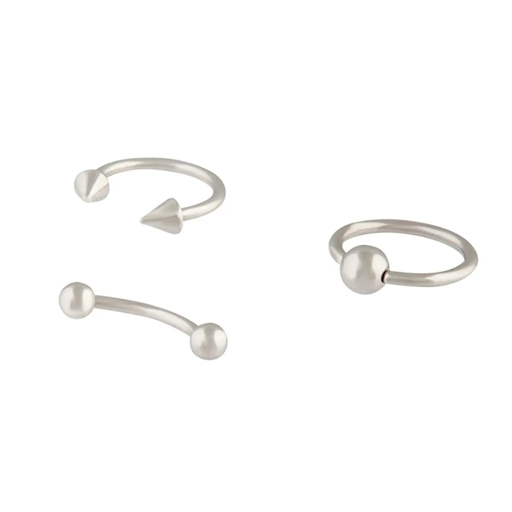 Surgical Steel Rhodium Spike Ring Barbell 3 Pack