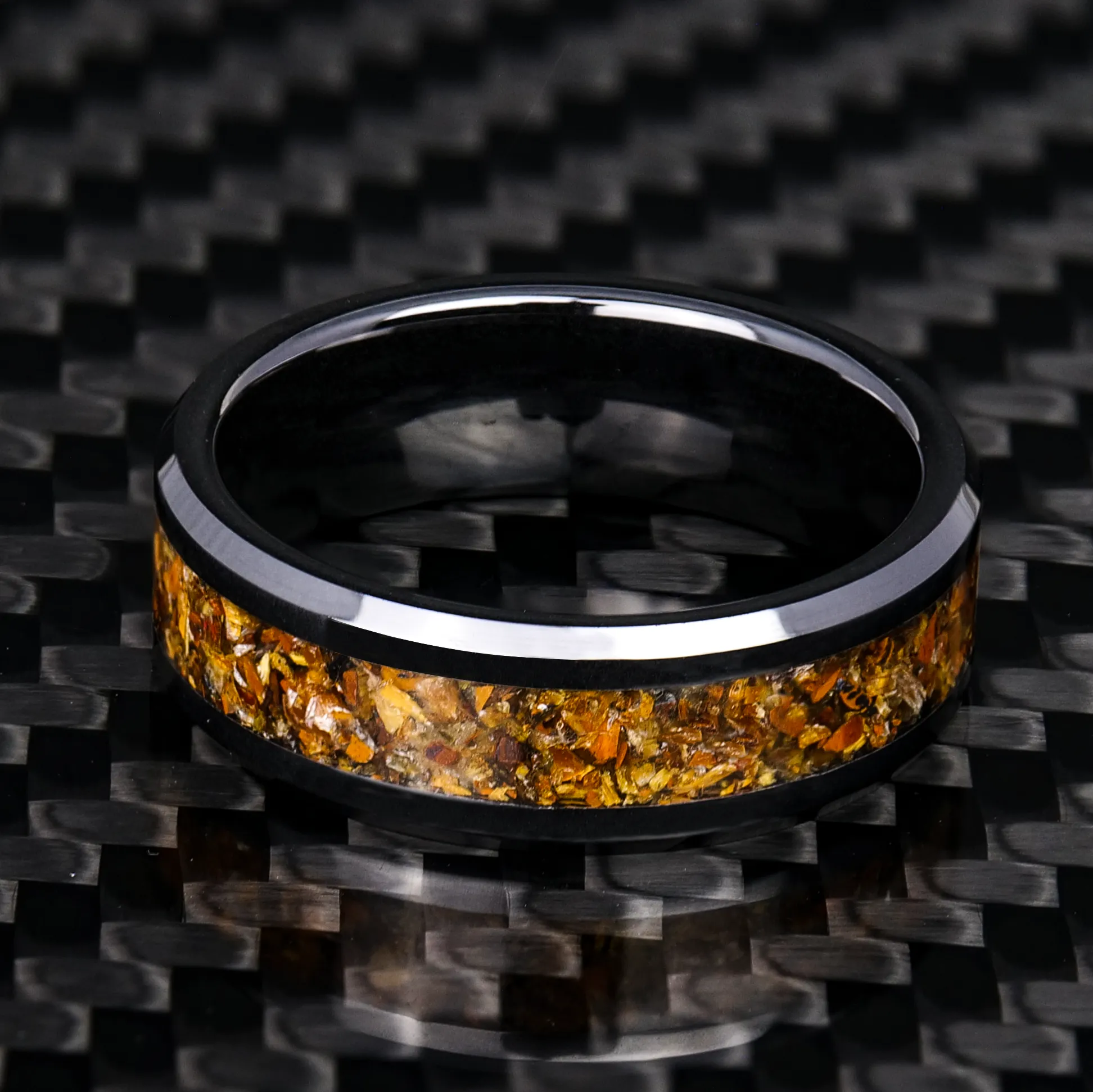 Tiger's Eye Glowstone Ring on Black Ceramic