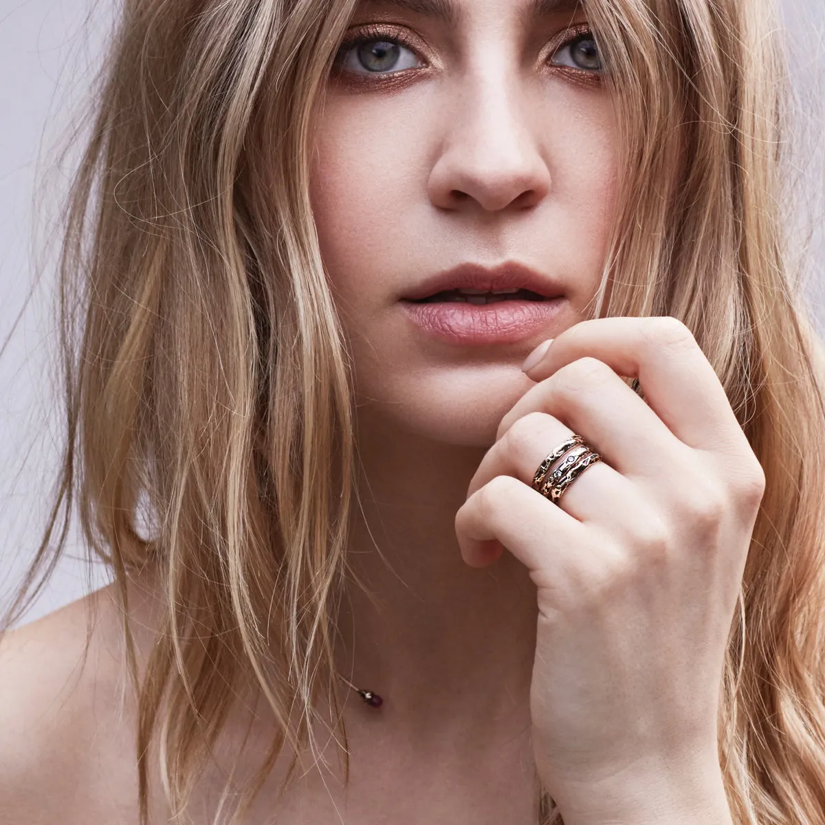 Triple Stone Set 14K Gold Narrow Band Ring